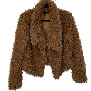 HYFVE Women’s Shaggy Sherpa Fur Jacket Drape Collar‎ Cropped Cinnamon Brown S